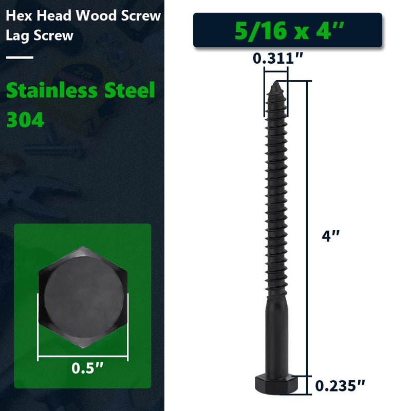 RoyceMart 10-Sets 5/16 x 4 Black Hex Head Lag Screws & Flat Washers, Heavy Duty Wood Lag Screws, 304 Stainless Steel (18-8), 5/16" Bolt - Image 2